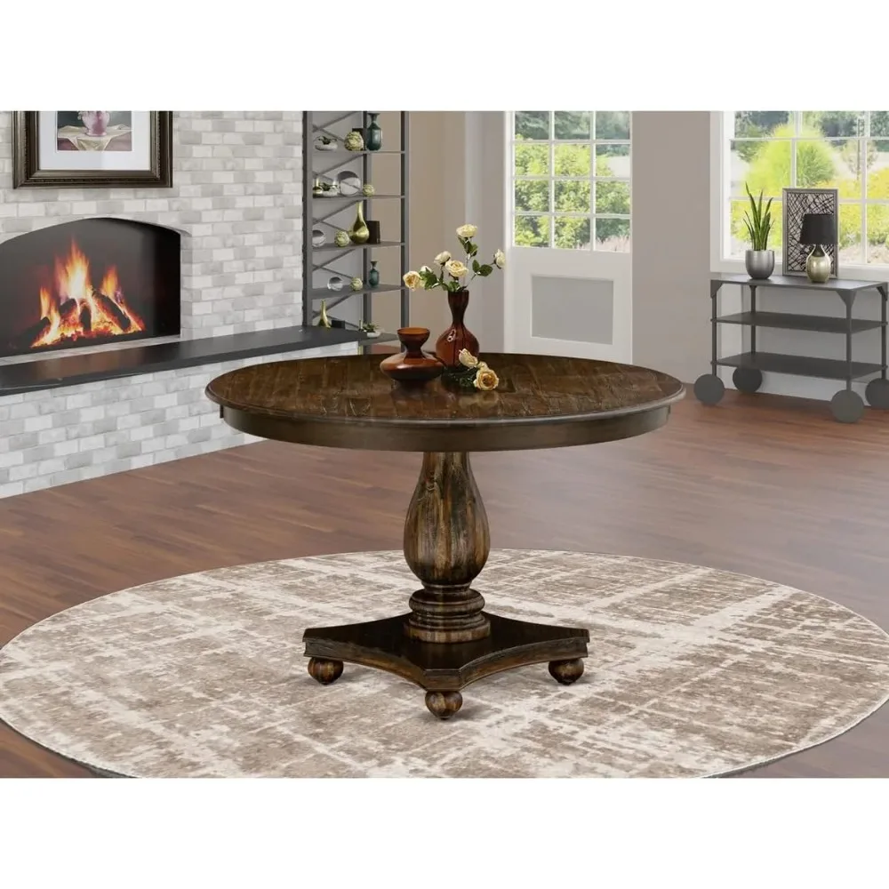 FE2-07-TP Ferris Dining Table - a Round Wooden Table Top with Pedestal Base, 48x48 Inch, Distressed Jacobean