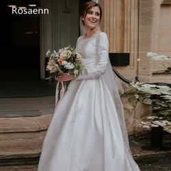 Customized High Quality A-line O-Neck Wedding Dresses New Satin Ruffle Pearls Long Sleeve Brush Train robe de mariée 2025