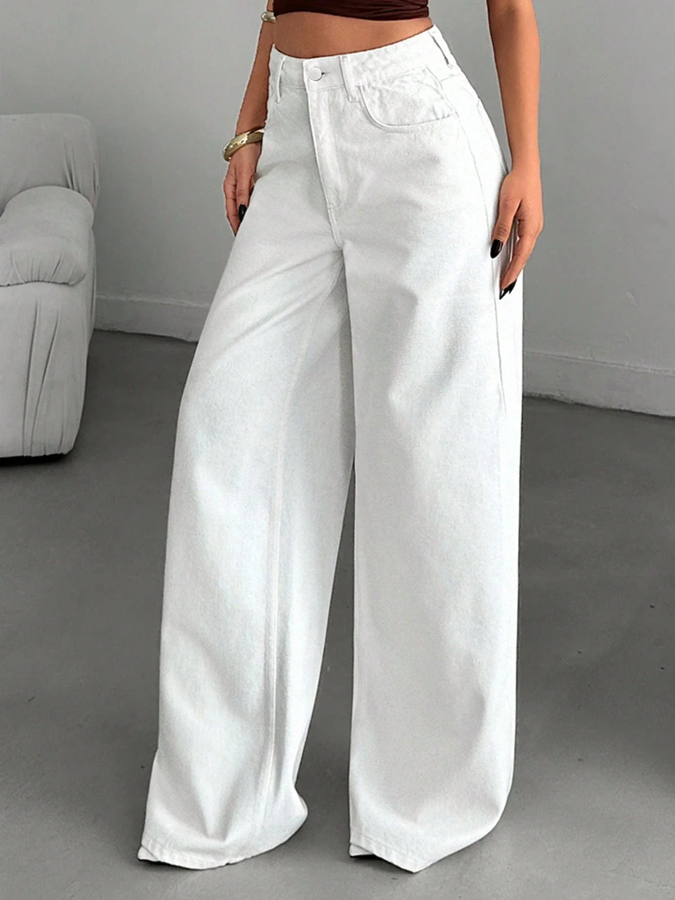 

High Waisted Wide Leg Jeans Women Loose Straight Fit Full Length Denim Pants White