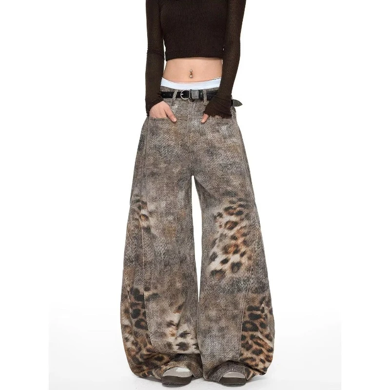 American Vintage Leopard Print Washed Jeans Women Streetwear Loose Full-Length Denim Pants Distressed Y2k Retro Curved Blade