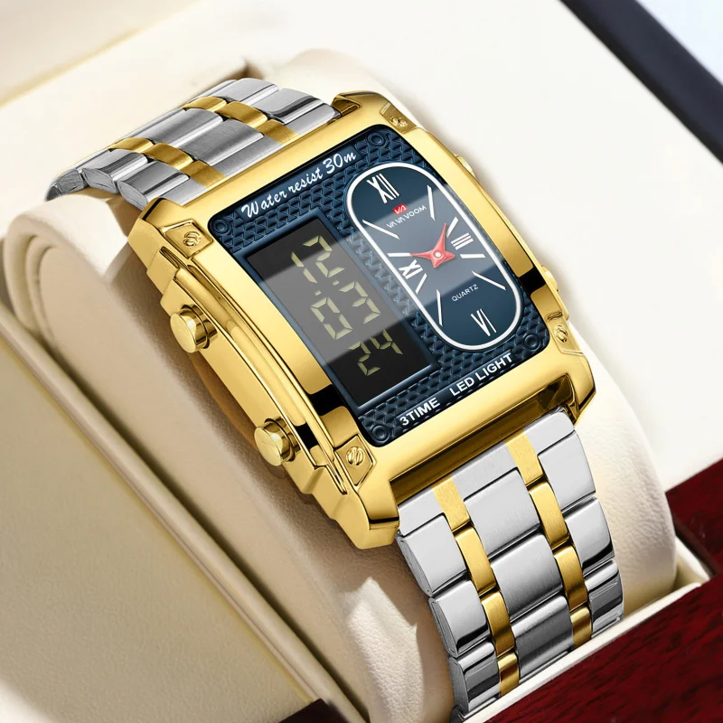 ZHANGU Mens Fashion Luxury High Quality Stainless Steel Strap Gold Silver Color Waterproof Quartz Watch
