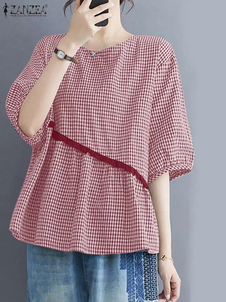 

ZANZEA Women Asymmetrical Hem Blusa Plaid Fashion Loose Ruffled Blouses Casual 2024 Summer Lantern Sleeve O-neck Tops Shirts