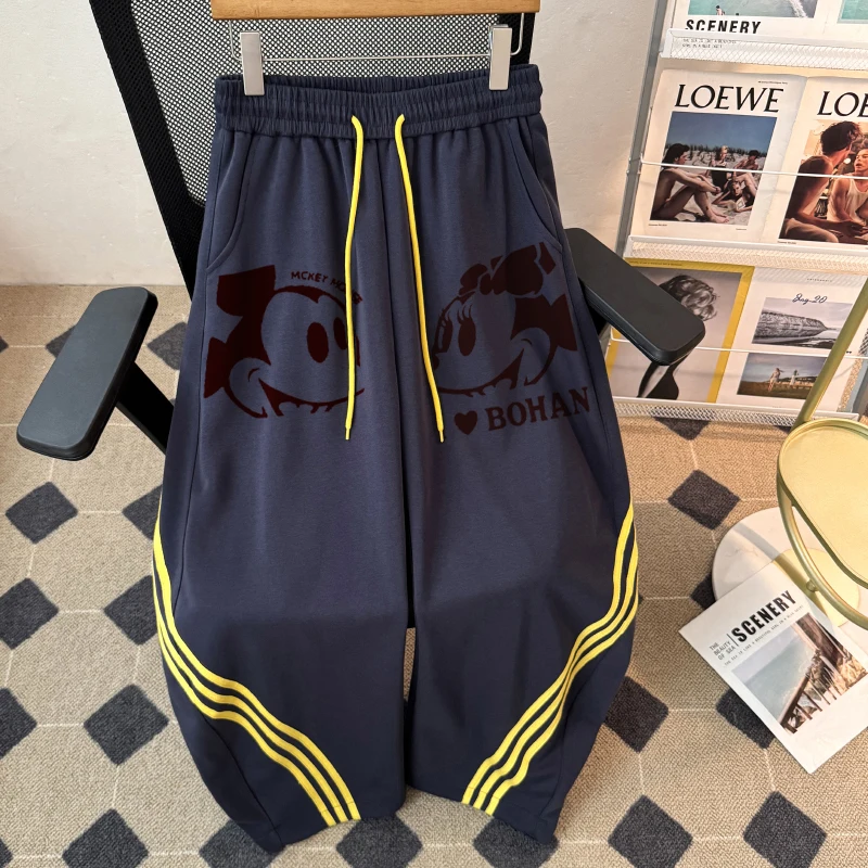 الرجعية تقسم اللون بلو طباعة عارضة السراويل فضفاضة التخسيس واسعة الساق تصميم للرجال والنساء ربيع الخريف مريحة تناسب #1