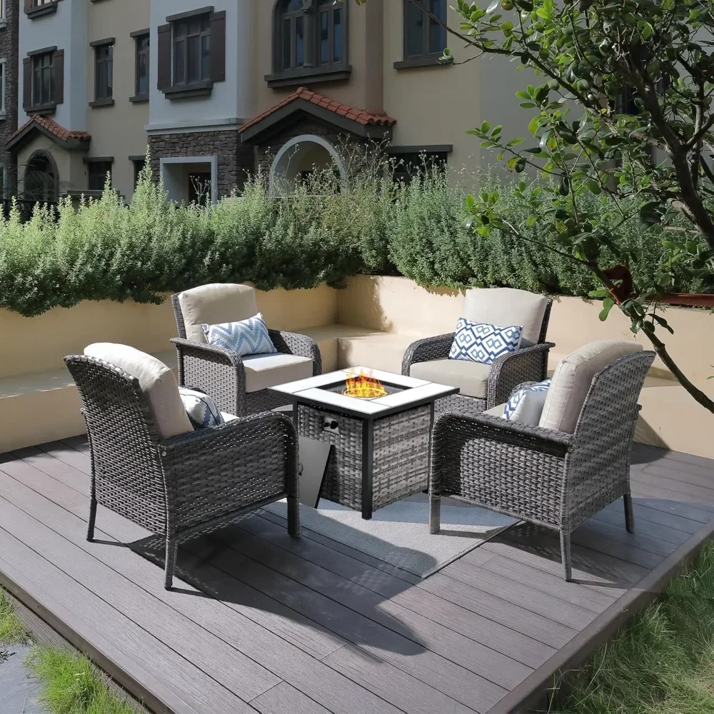 

4 Pieces Patio Furniture Set with Fire Pit Table, Outdoor Wicker Chairs of 4, All Weather High Back Rattan Chairs 4 Seats