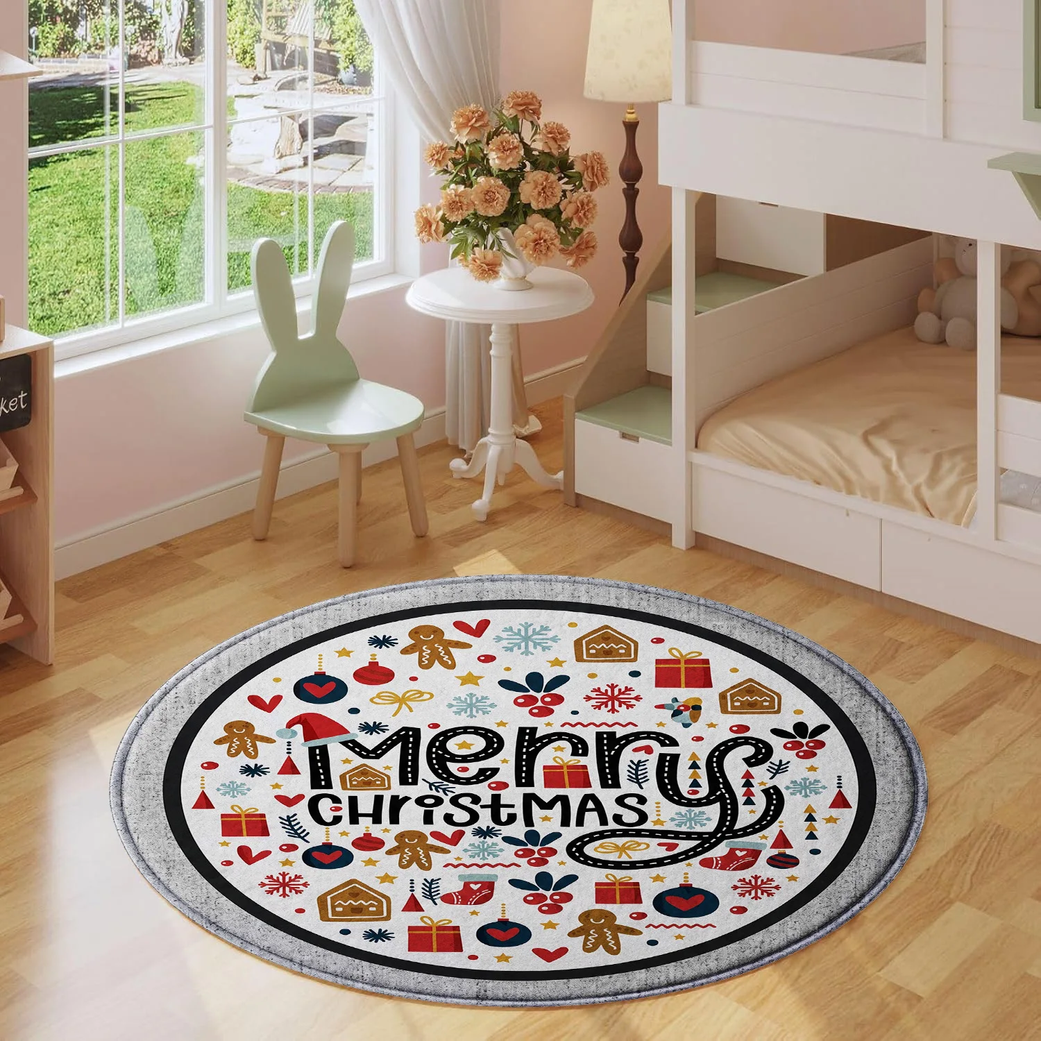 Merry Christmas Gingerbread Man Stocking Gift Box Snowflake Pattern Holiday Luxury Round Mat Elegant Area Rug Home Decor