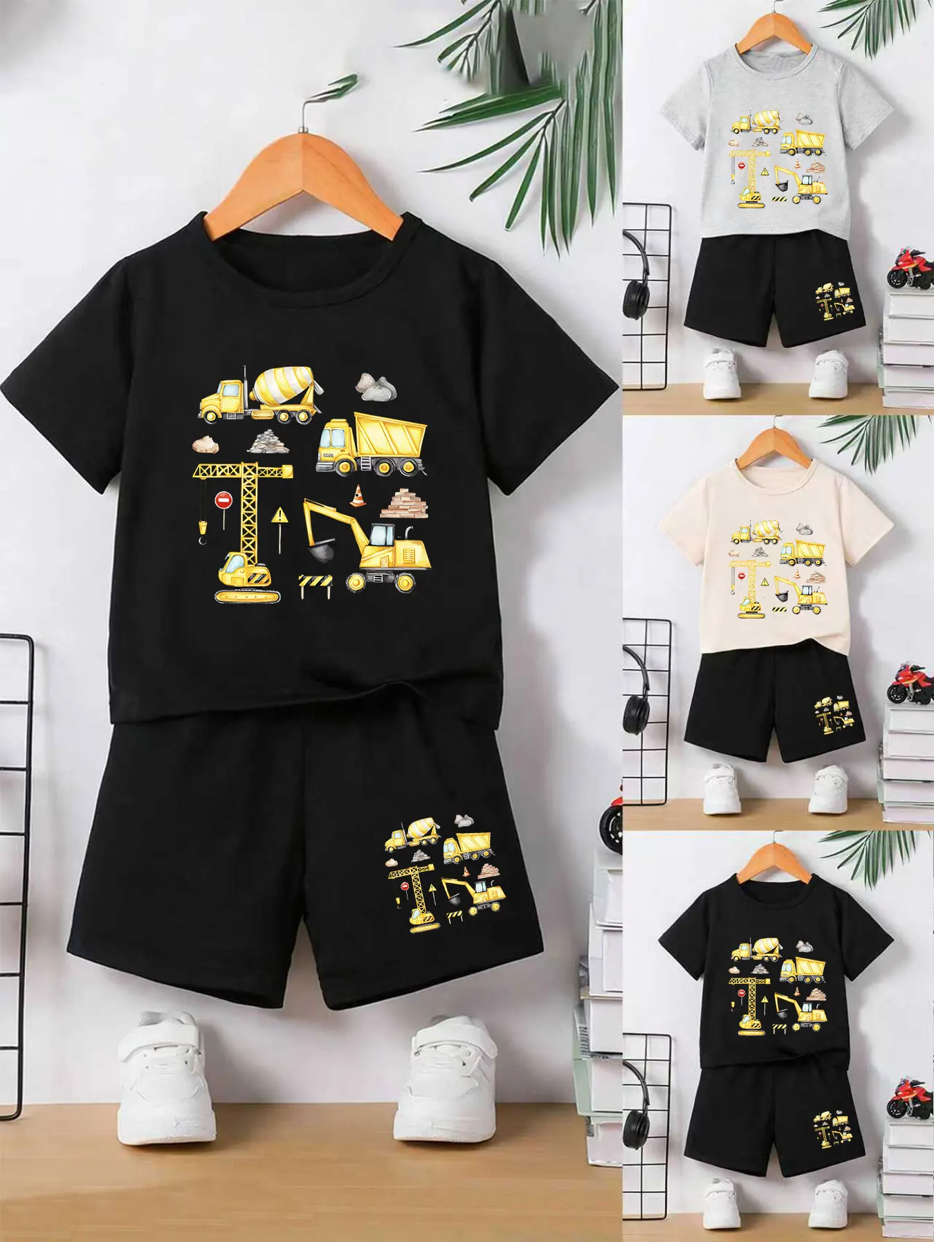 

Boys' Fun Comfy Construction-Car Print Clothing Set Kids' Outfit with Truck And Road Design