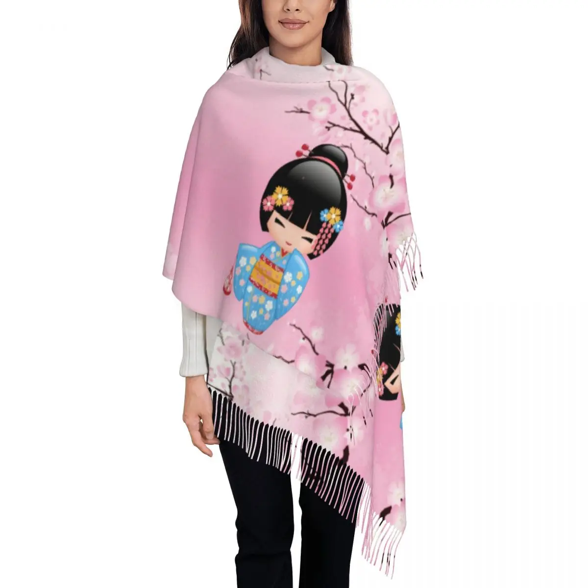 Custom Kawaii Kokeshi Doll Tassel Scarf Women Soft Japanese Kimono Geisha Girl Shawl Wrap Ladies Winter Fall Scarves