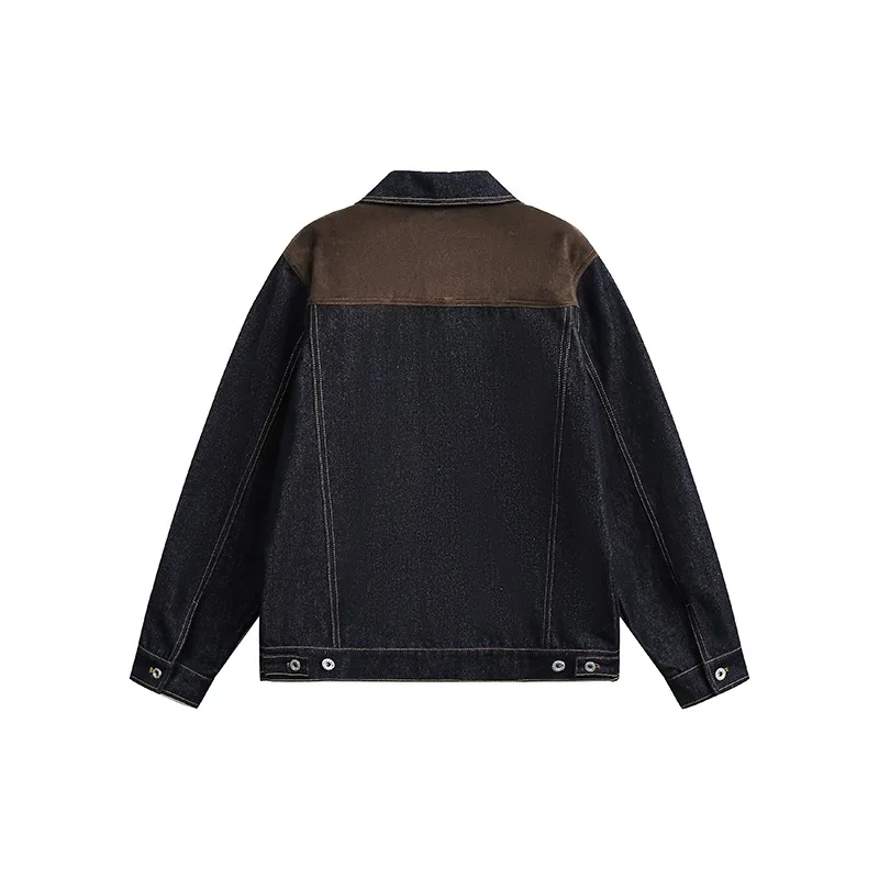 Men Denim Jacket Spliced Suede Lapel Button‑Up Coat Loose Vintage Contrast Color Long Sleeve Casual Streetwear Male Outerwear