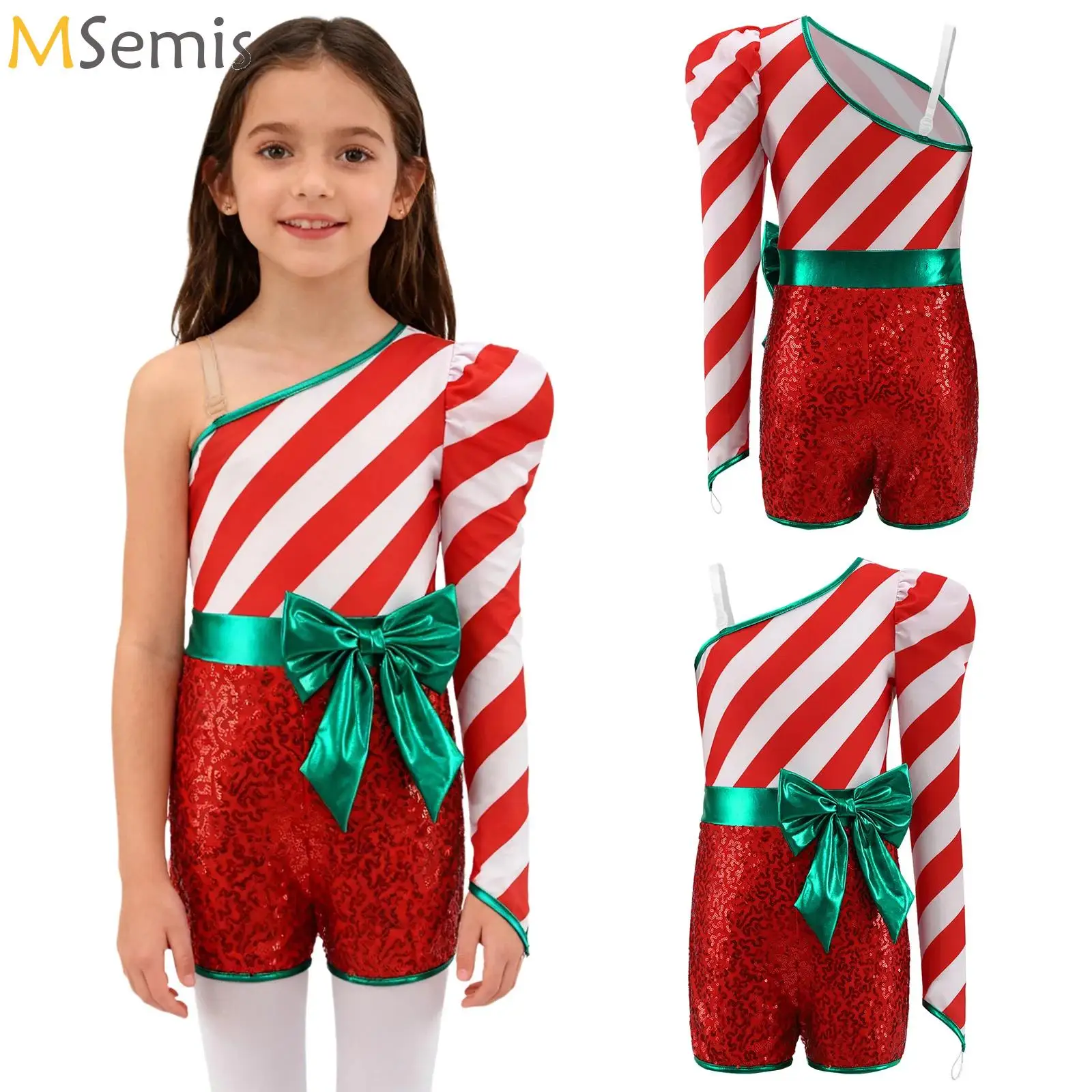 

Girls Christmas Elf Role Play Fancy Dress Up Costume Shiny Sequin Candy Cane Ballet Dance Gymnastics Leotard Performance Clothes