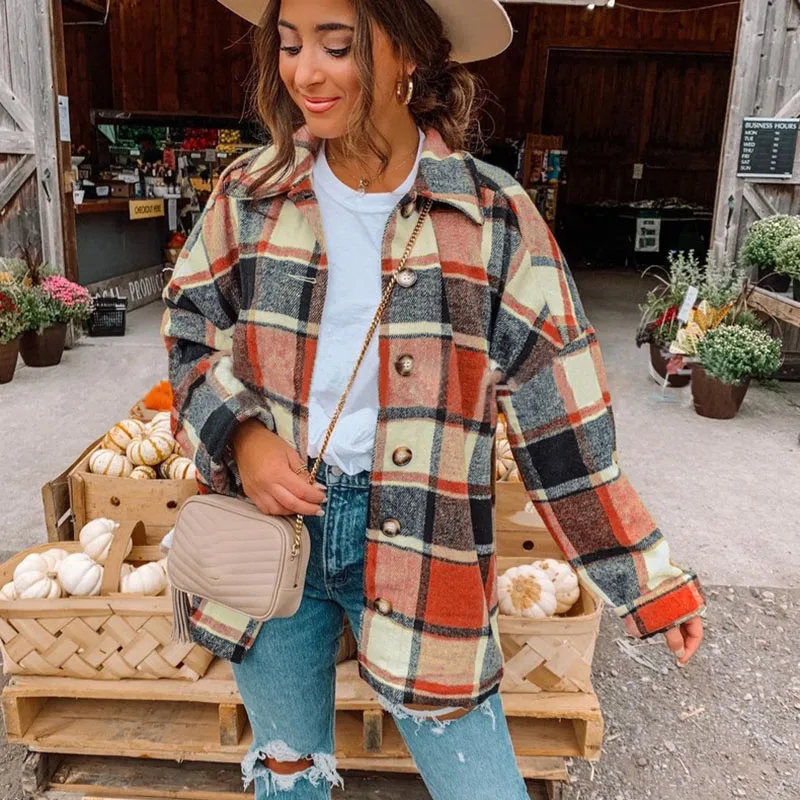 Lucyever Classic Plaid Shirt Jacket Women Casual All-Match Loose Long Sleeve Turndown Collar Coats Autumn New Vintage Woman Tops