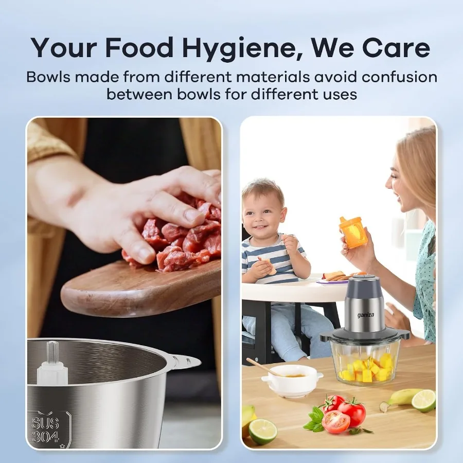 Electric Food Processor with Integrated Meat Grinder and Vegetable Chopper for Home Kitchen Use Features Dual 8Cup Bowls 450W H