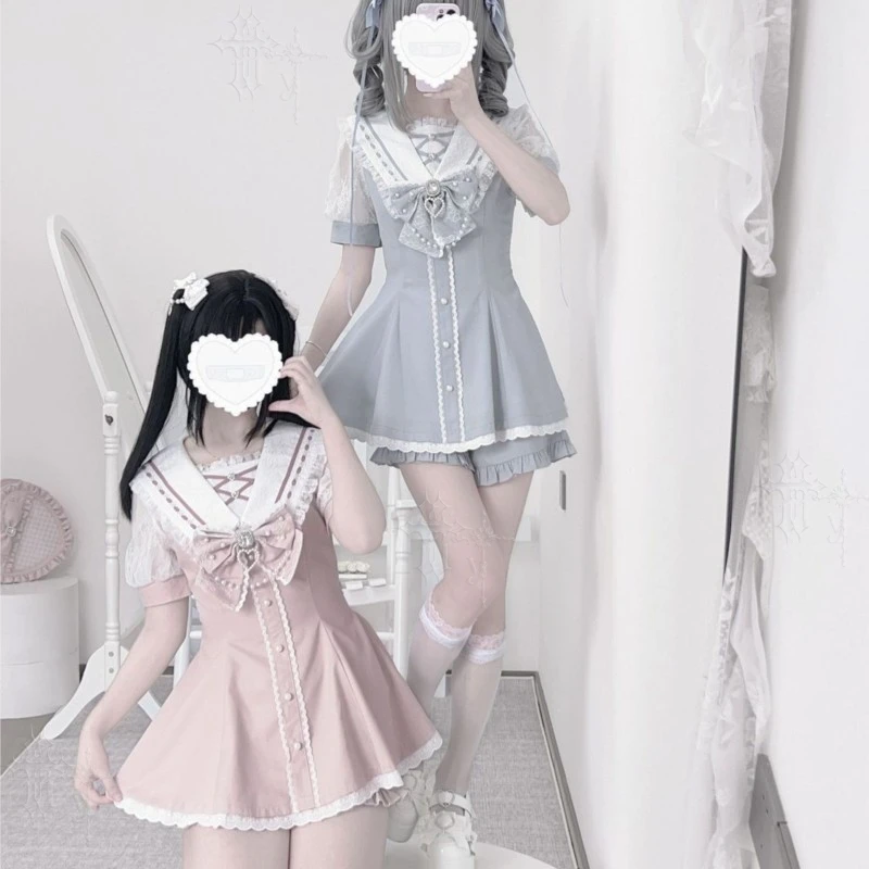 Jirai Kei Summer Sweet Japanese Lolita Outfit Lace T Sailor Neck Short Dress Plaid Solid Color Cute Daily Wear Kawaii Mini Skirt - view 6