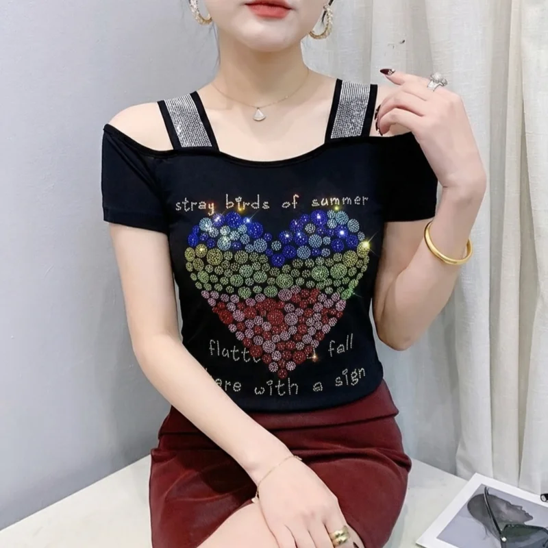 New Arrival Design Heart Shaped Hot Diamond Mesh Girls Tees Summer Short Sleeve Slim Tops Women Sexy Off Shoulder T-Shirts Camis