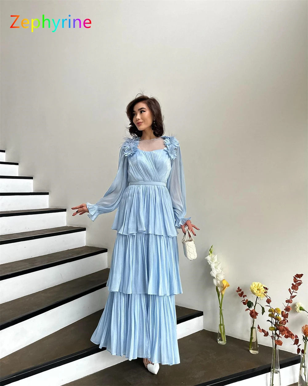 Customized Simple Blue Chiffon Evening Dress Exquisite Square Collar Long Sleeves Homecoming Dresses Fashion Vestido De Festa