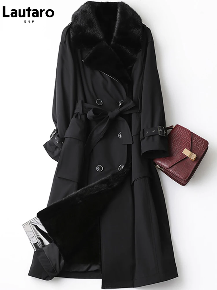 Lautaro inverno longo quente grosso parque com pele sintética dentro do cinto bolsos duplo breasted luxo forrado de pele trench coat para mulher