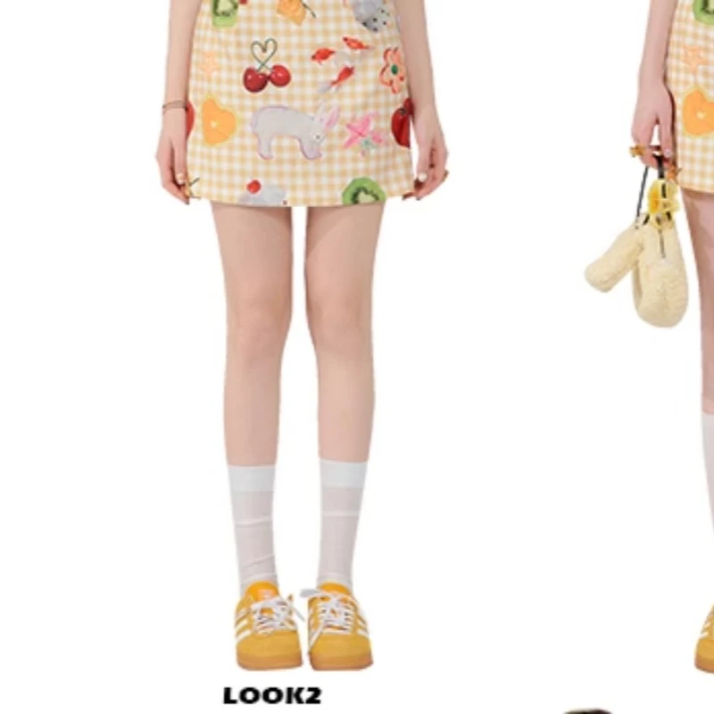 2025 Spring And Summer American Retro Women's Short Skirt Design Sense Niche Fruit Print Yellow High Waist Thin Versatile Skirts