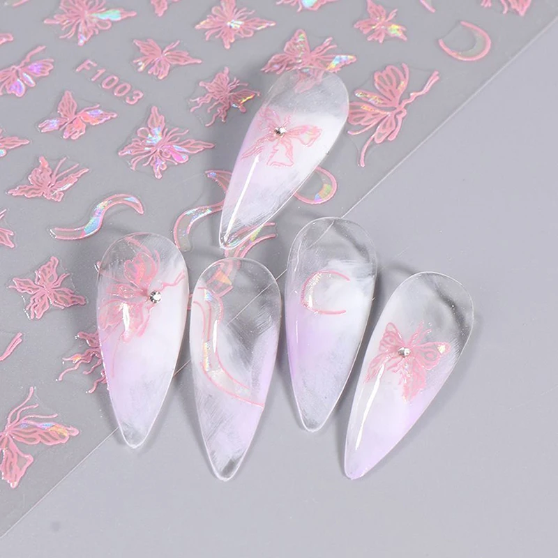 Cute Pink Sparkling Butterfly Nail Sticker Sweet Aurora Nail Styling Stereoscopic Relief For Girl Nail Decal Nail Art Salon