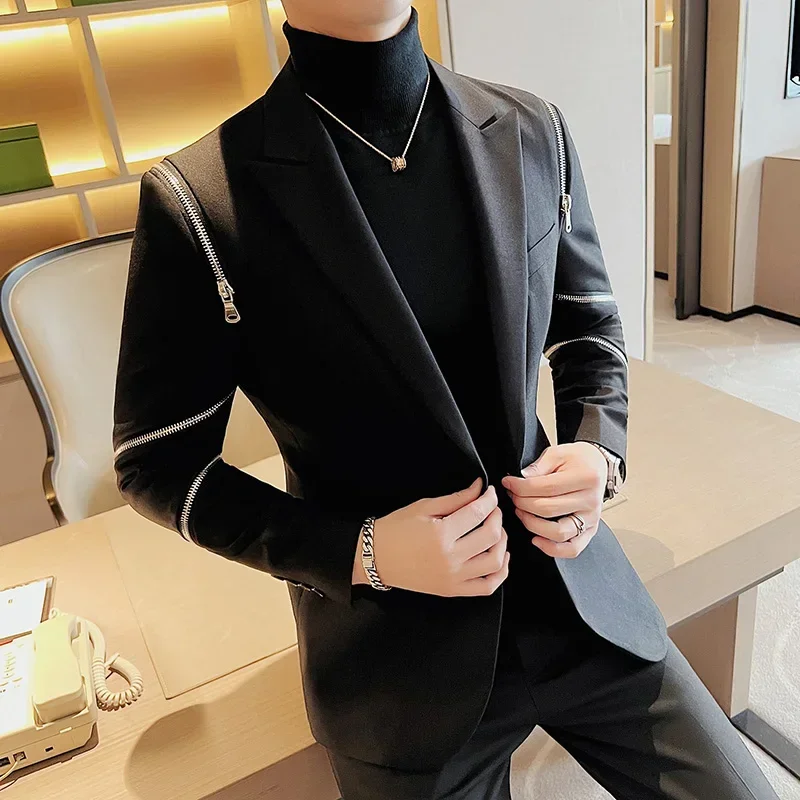 

Men Slim Fit Casual Suit Jacket Wedding Business Dress Blazer Banquet Singer Stage Men Clothing Zipper Decoration Tuxedo
