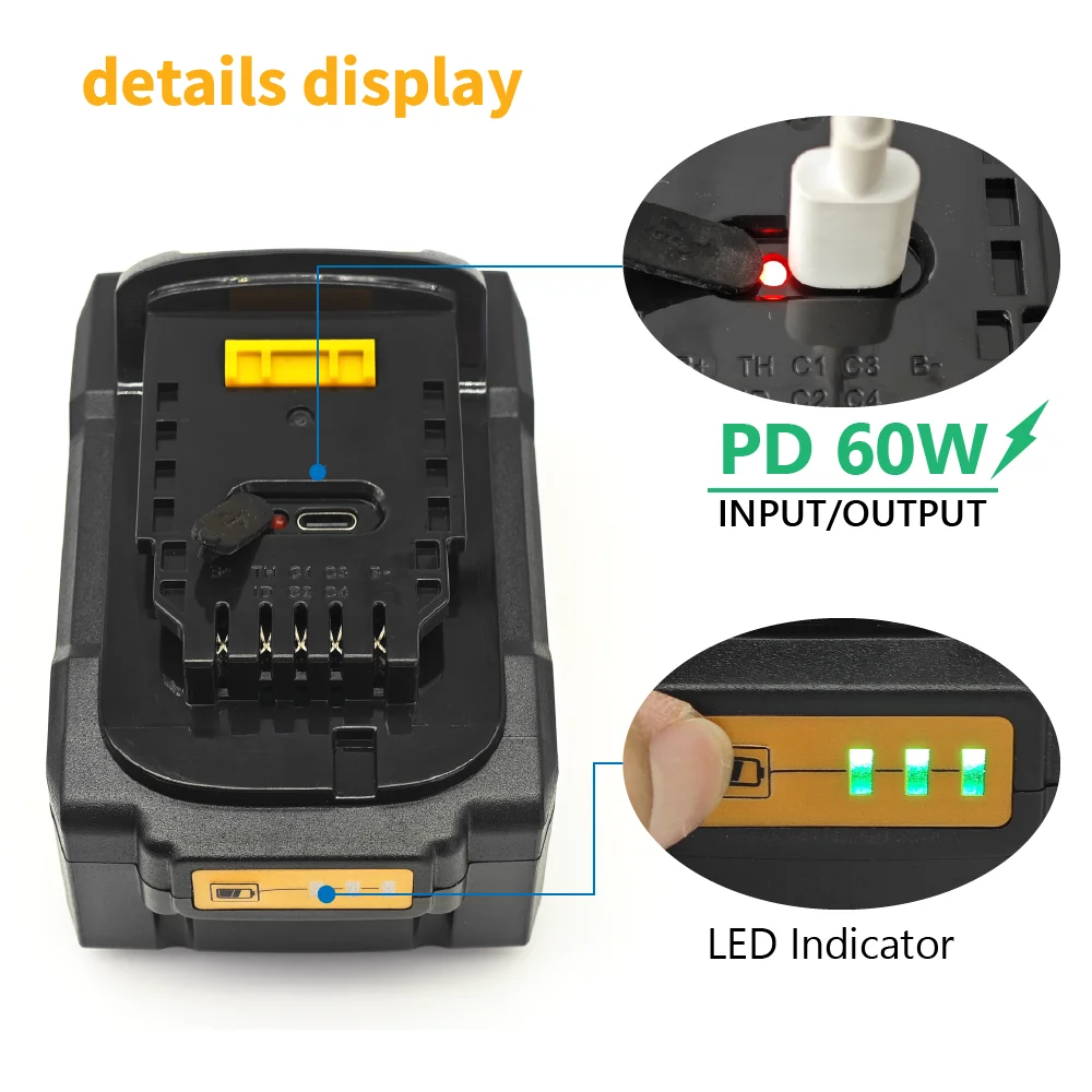 TPCELL For DeWalt DCB205 5Ah/6.0Ah with PD60W Output/Input Replacement Battery Compatible With For Dewalt 18V/20V Tools Battery