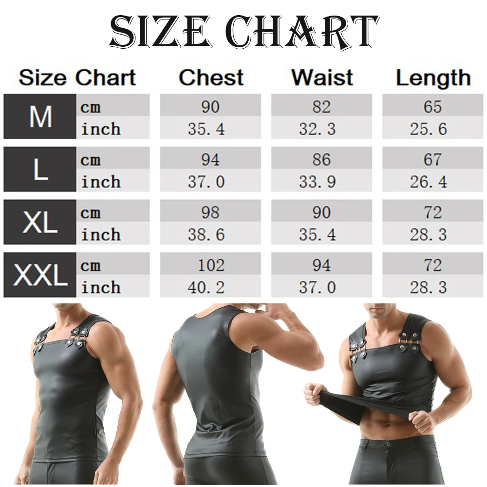 New Fashion Men Vests Undershirts Buckle Design Personality Fitness Muscle Sleeveless T-shirts Black Faux Leather Punk Tank Tops
