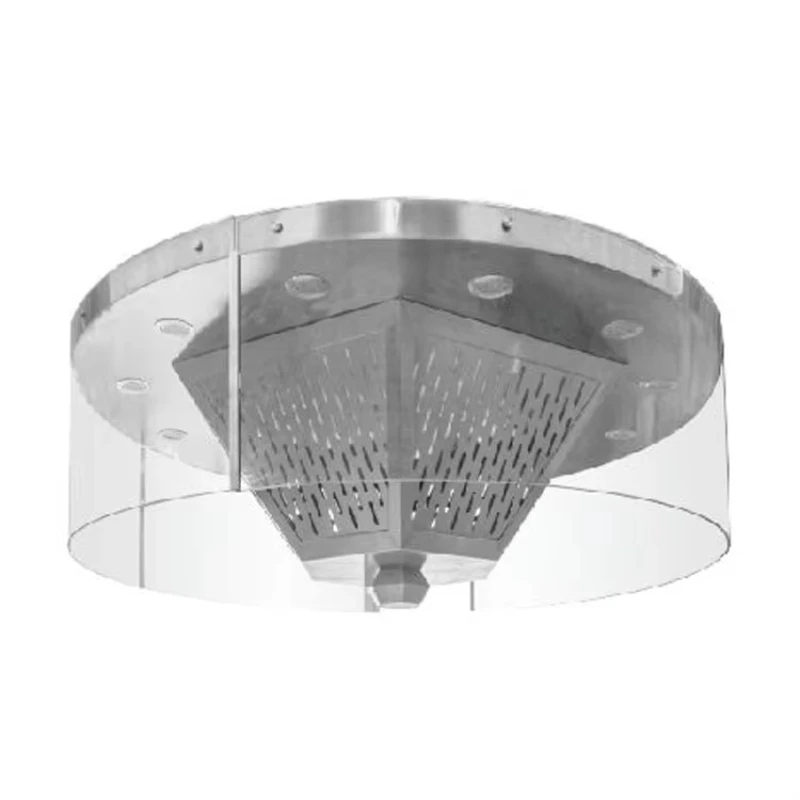 The dining room and kitchen exhaust features a round glass island exhaust hood for the hotel's open kitchen