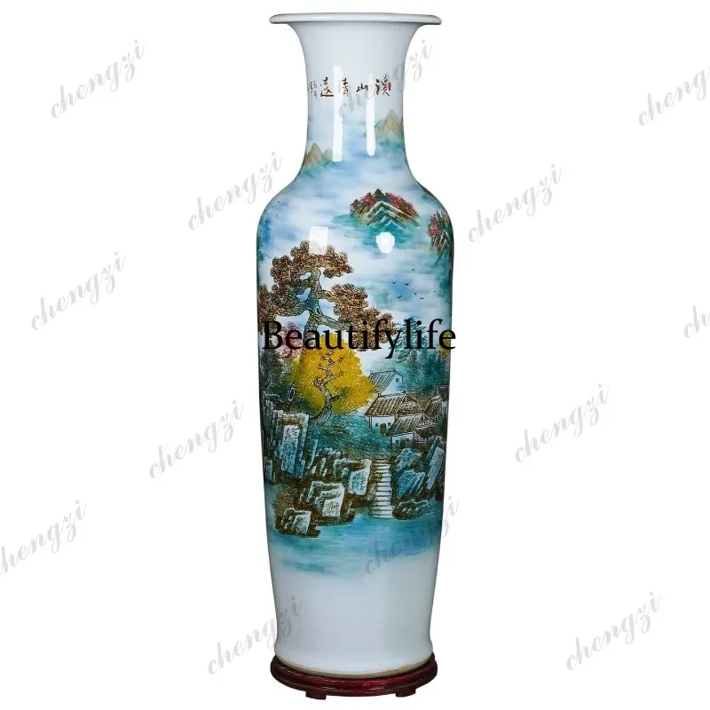 B178 Jingdezhen ceramic high-end hand-painted landscape vase living room office floor ornament