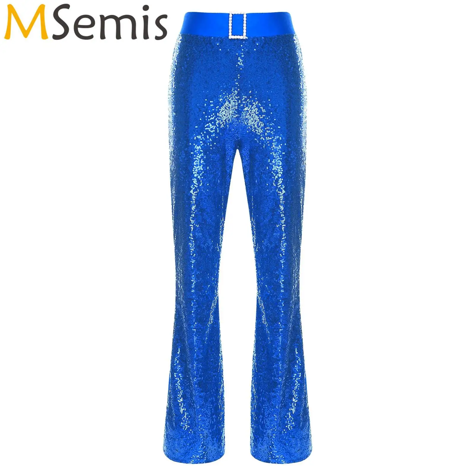 

Womens Glittery Sequin Jazz Dance Flared Pants Elastic High Waist Rhinestone Decor Bell Bottom Pants Latin Modern Dance Wear