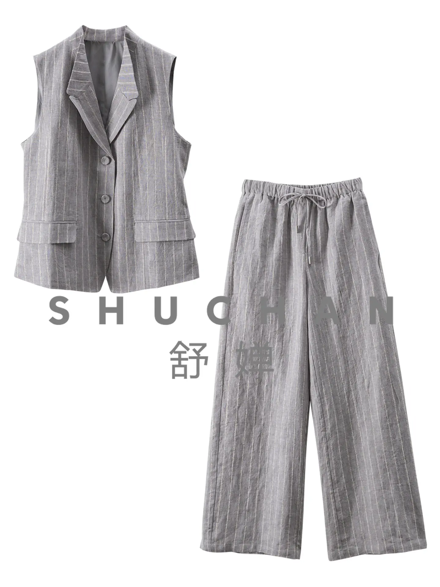 

French Linen Cotton Striped Suit Vest + Trousers Suit Women 83I2 Two Piece Set Womens Two Peice Sets