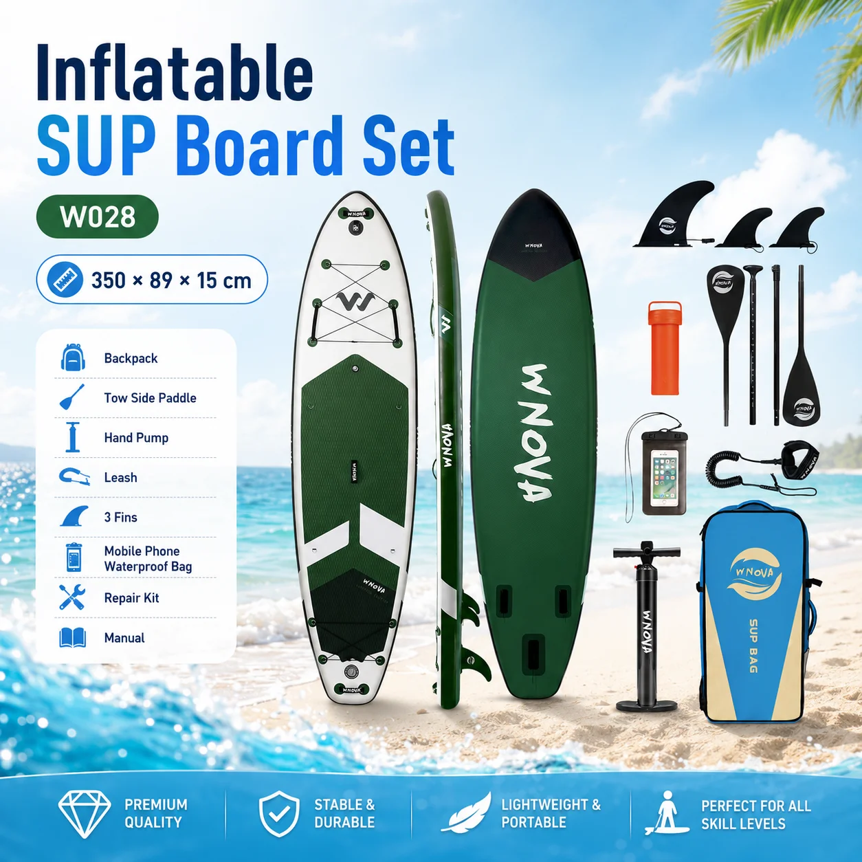WNOVA W028 Planche de paddle gonflable 350x89x15cm, planche de SUP verte pour adultes, jeunes et débutants, avec deux pagaies latérales, 3 ailerons, laisse, pompe manuelle, sac à dos, sac étanche pour téléphone, kit de réparation, manuel, stable, durable, léger, portable, kit de sport aquatique UE