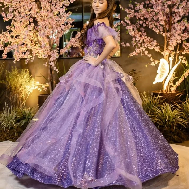 

Shiny Purple Quinceanera Dresses Glitter Crystal Decal off-shoulder Lace Layering Long tail Bow Vestido 15 Quinceanera Customize