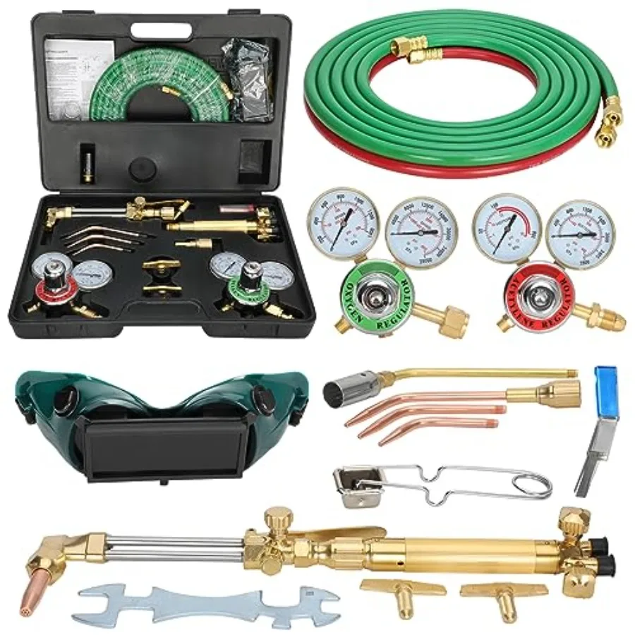

Portable oxygen and acetylene torch kit for welding and cutting; brass body black finish; 17-piece heavy-duty set with 3 rods a