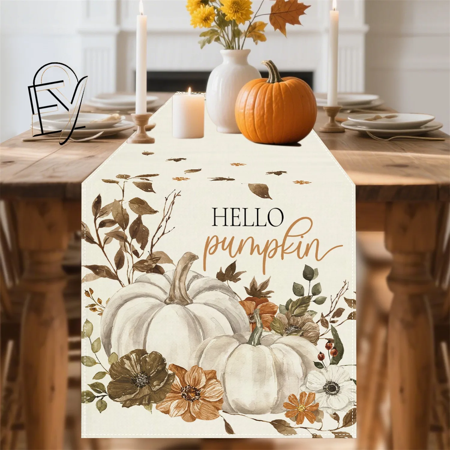 Linen Table Runner Turkey Driving Truck with Pumpkin Pie on Gray Gingham Thanksgiving Gathering Table