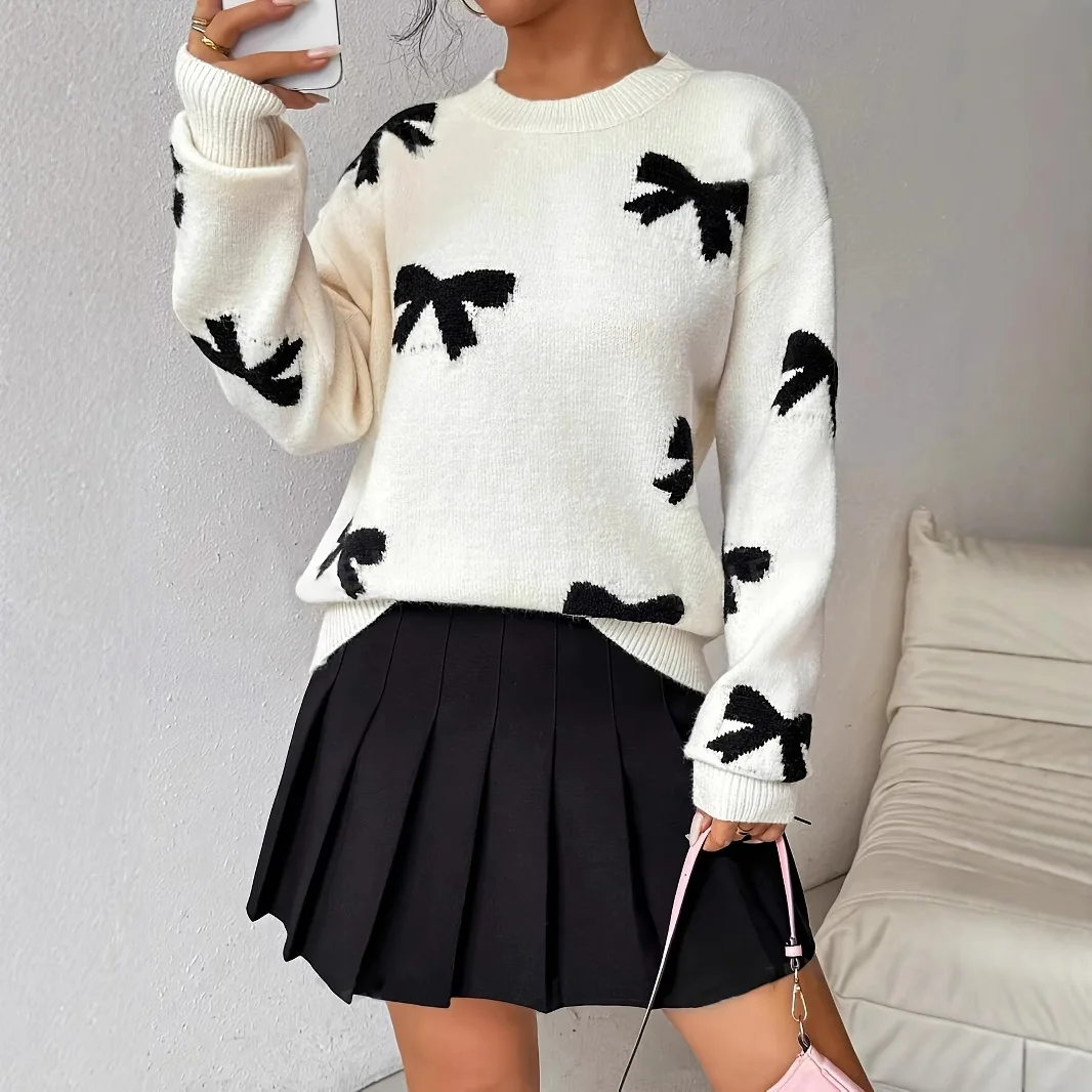 

2024 Autumn and Winter New Sweater Women's Hot Item Knitted Sweater Bow Pullover Long Sleeved Shirt