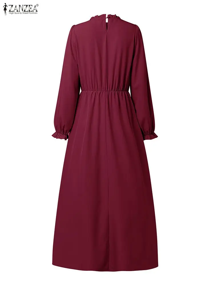 ZANZEA فساتين نسائية أنيقة طويلة متواضعة بفيونكة وتفاصيل مكشكشة وأكمام طويلة متدرجة فستان غير رسمي على شكل حرف a حجاب إسلامي عباية للعيد