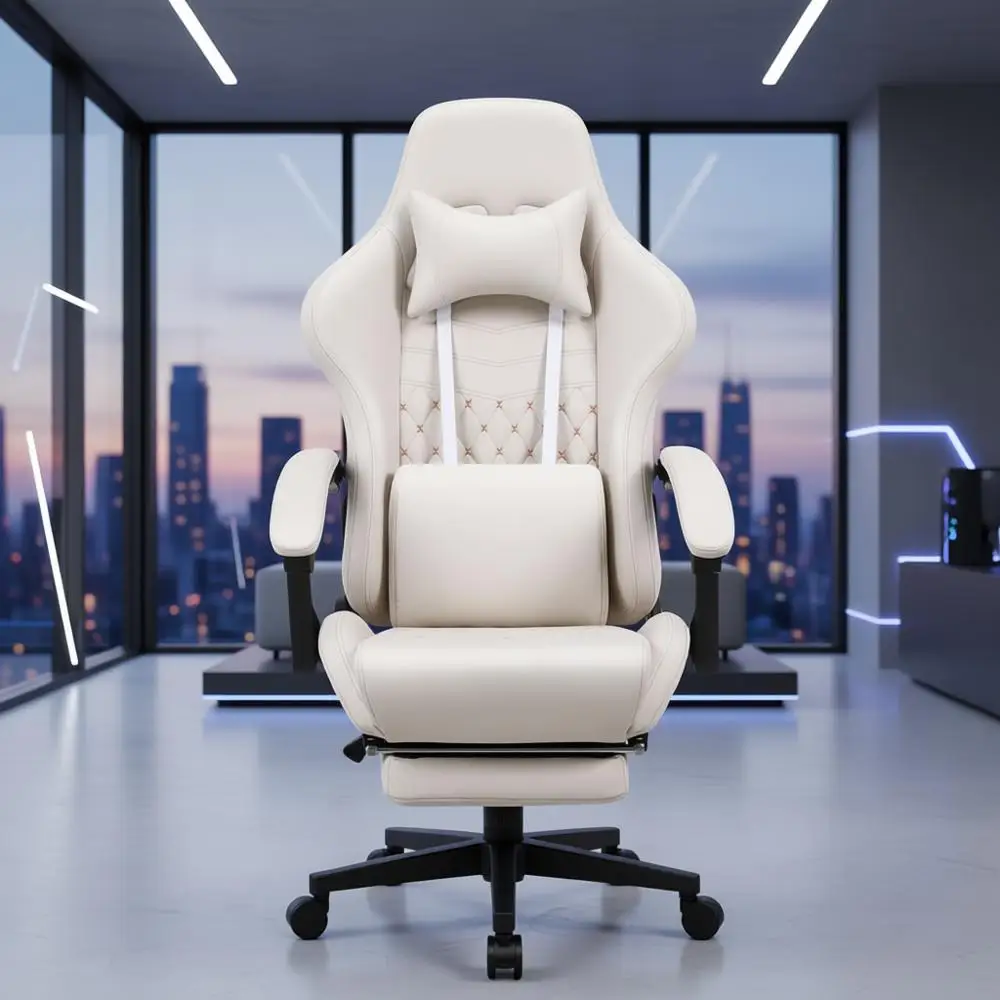 Ergonomic High-Back Gaming Chair with Footrest, Massage Support, for Big & Tall Adults, PU Leather, 350 lbs Capacity, Ivory