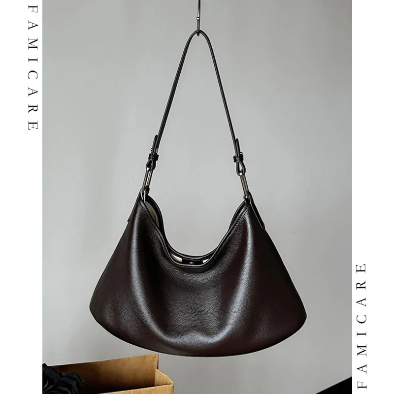 Unfussy Solid Color Women Underarm Shoulder Bag Genuine Leather Crossbody Bags Casual Chic Ladies Handbag with Adjustable Strap