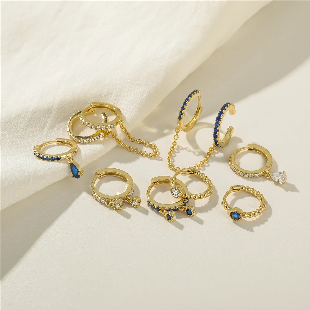 Aide 4pcs Stack Set Colorful Zirconia Huggie Double Hoops With Chain Earrings For Women Wedding Party Crystal Turquoise Jewelry