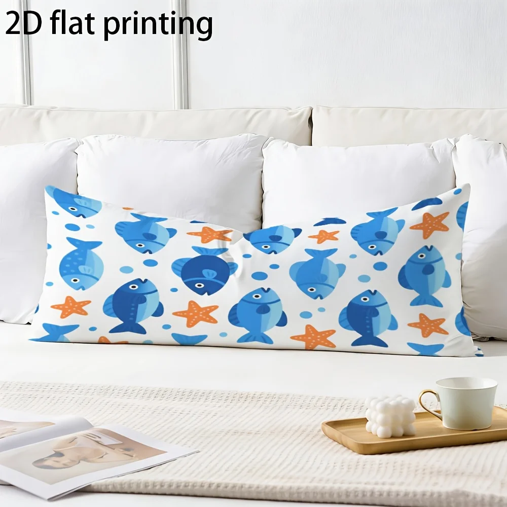2D Flat - Long Pillowcase with a 2D Printed Design Featuring Blue Fish, Starfish, And Bubbles. It Provides Full-Body Support, Ma