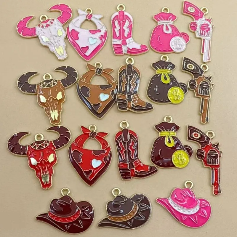 10pcs Cowboy Boot Hat Gun Scarf Cow Charm for Jewelry Making Enamel Necklace Earring Pendant Diy Accessories Gold Plated