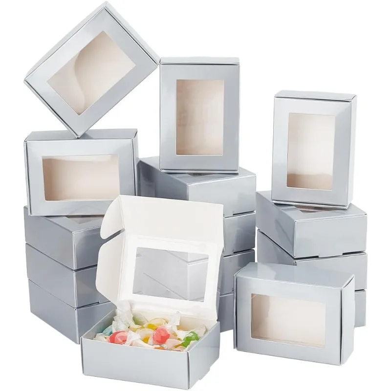 

20pcs Grey Bakery Box with Window 3.4x2.4x1.2 Inch Cookie Box Kraft Paper Treat Box Baking Box Bakery Take Out Container