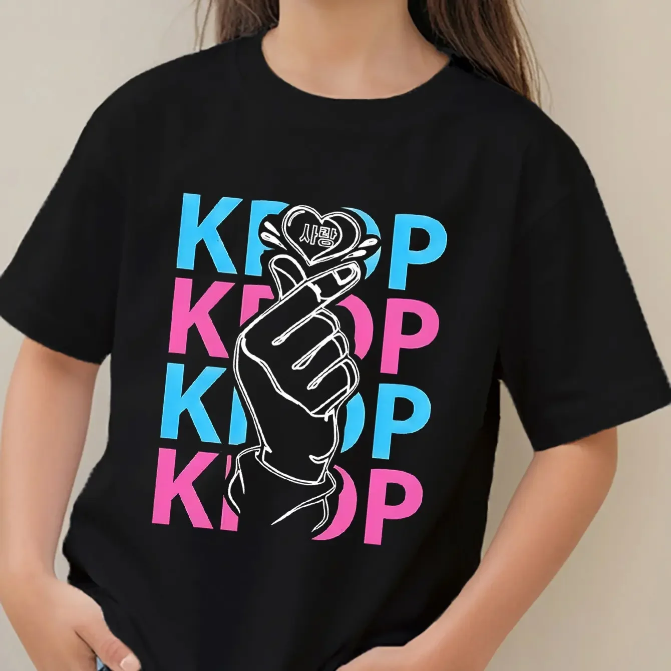 Kids Girls K-POP Korean Style T-Shirt, Finger Heart & 