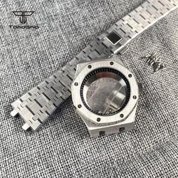 Stainless Steel Brushed 42mm Octagon Watch Case Bracelet Glass Back Chapter Ring Sapphire Glass Fit NH35 NH36 Automatic Movement