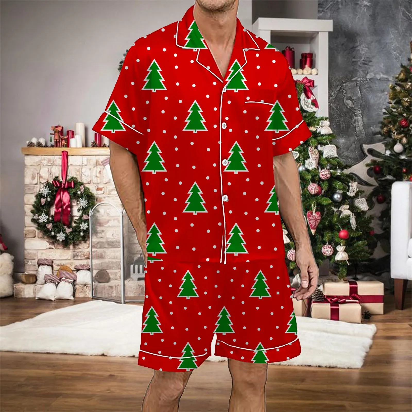 Satin Silk Men\'s Christmas 2 Piece Pajamas Set Short Sleeved Button Up Shirt And Shorts Set Christmas Tree Printed Short Suit