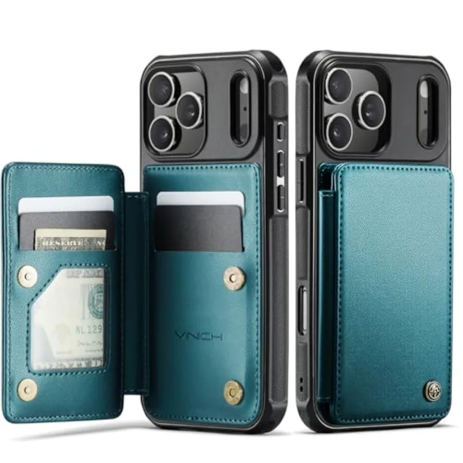 حافظة محفظة كلاسيكية باللون الأخضر الزرقاء مع فتحات بطاقة حجب RFID ومسند لهاتف iPhone 17 Pro 6.3 واقي مقاوم للصدمات C