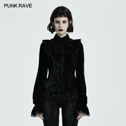 PUNK RAVE Women's Gothic Gorgeous Vintage Ruffles Shirt Printed Velvet Party Dinner Long Sleeve Blouse Slim Tops