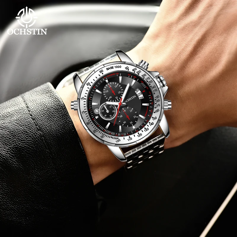OCHSTIN Pilot Series Aviation Quartz Watch Man Alloy Case Wide Stainless Steel Strap Scratch Resistant Glass Wristwatch Male