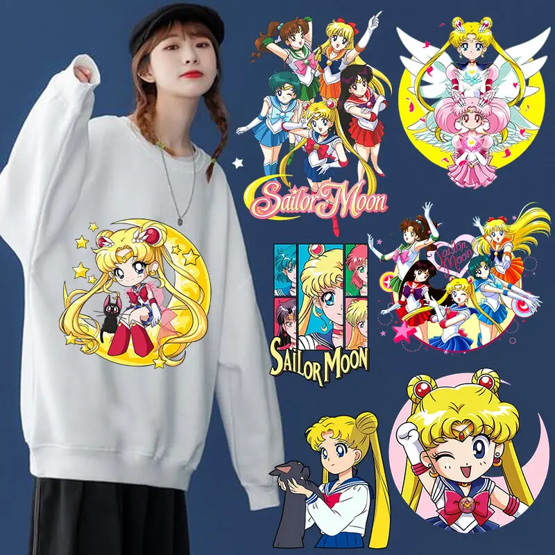 Наклейки-аппликации для футболок серии Sailor Moon: термотрансферные стикеры с аниме-персонажами, мультяшные нашивки для одежды, подарки на день рождения