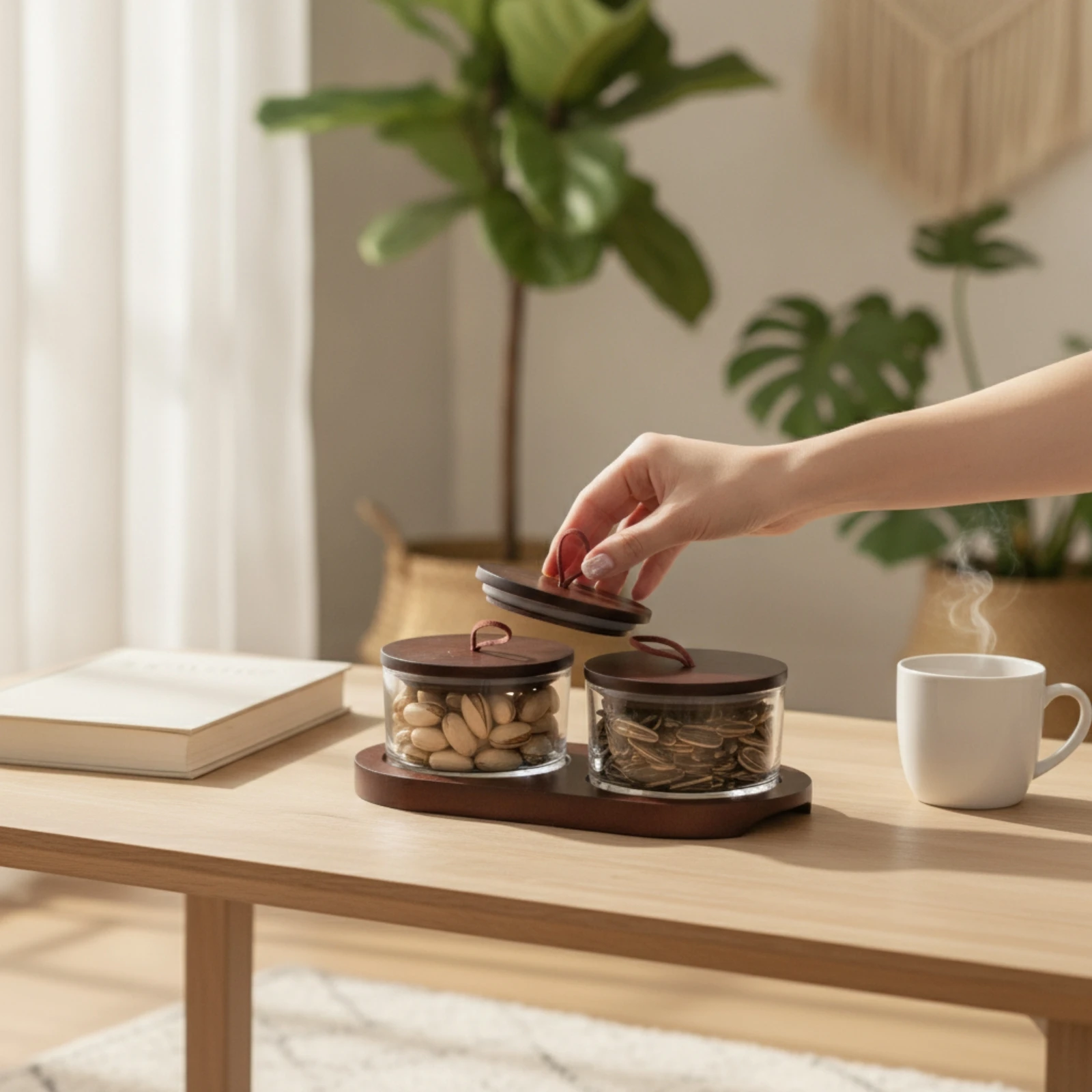 Snack Server with Glass Bowls Tabletop Serving Dish with Wooden Tray Food Platter Elegant Bowl Modern for Hosts, Coffee Table - view 6