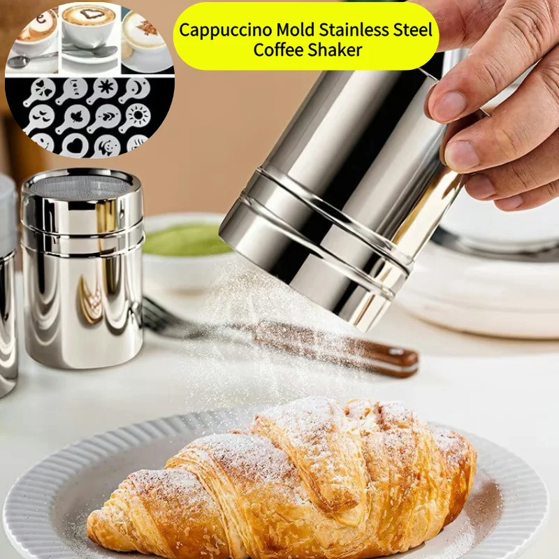 1pc Edelstahl Schokolade Shaker Kakao Mehl Kaffee Sichter 16Pcs Kaffee Schablonen Vorlage Strew Pad Duster Spray Werkzeuge