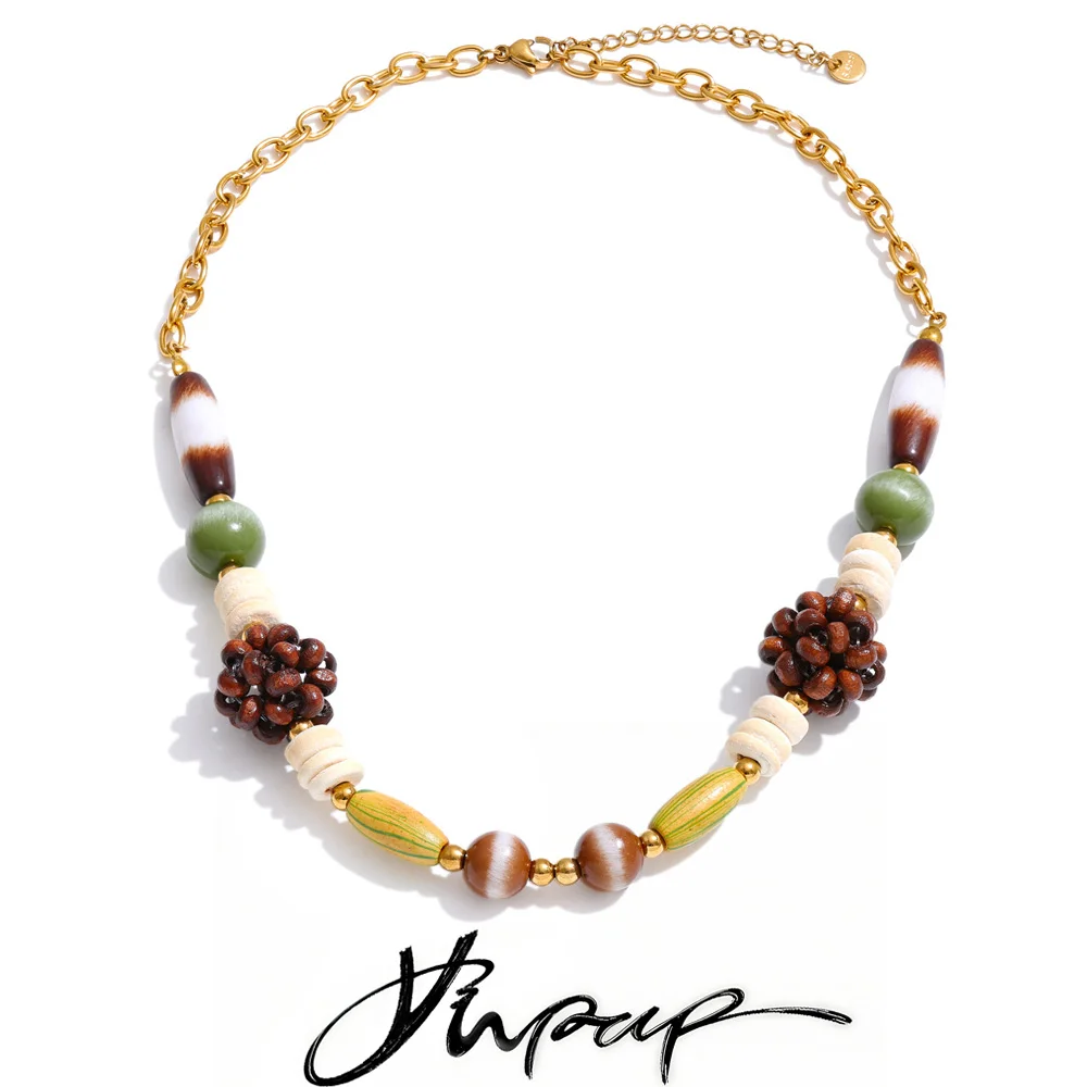 Yhpup 2026 New Arrivals Wood Bead Chain Handmade Necklace Waterproof Stainless Steel Fashion Statement Jewelry Gift